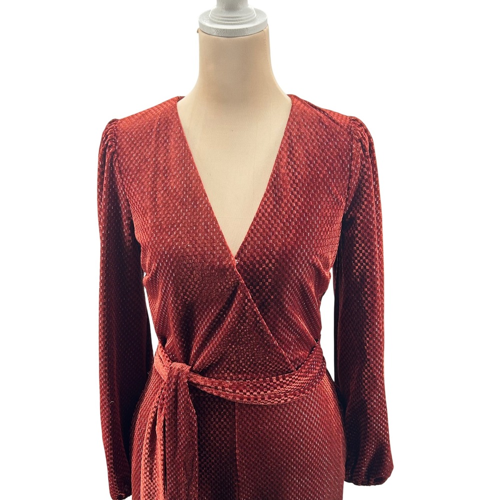 Lost + Wander Women Rust Velvet Textured Metallic Wrap Wide Leg Jumpsuit Small - Picture 2 of 6